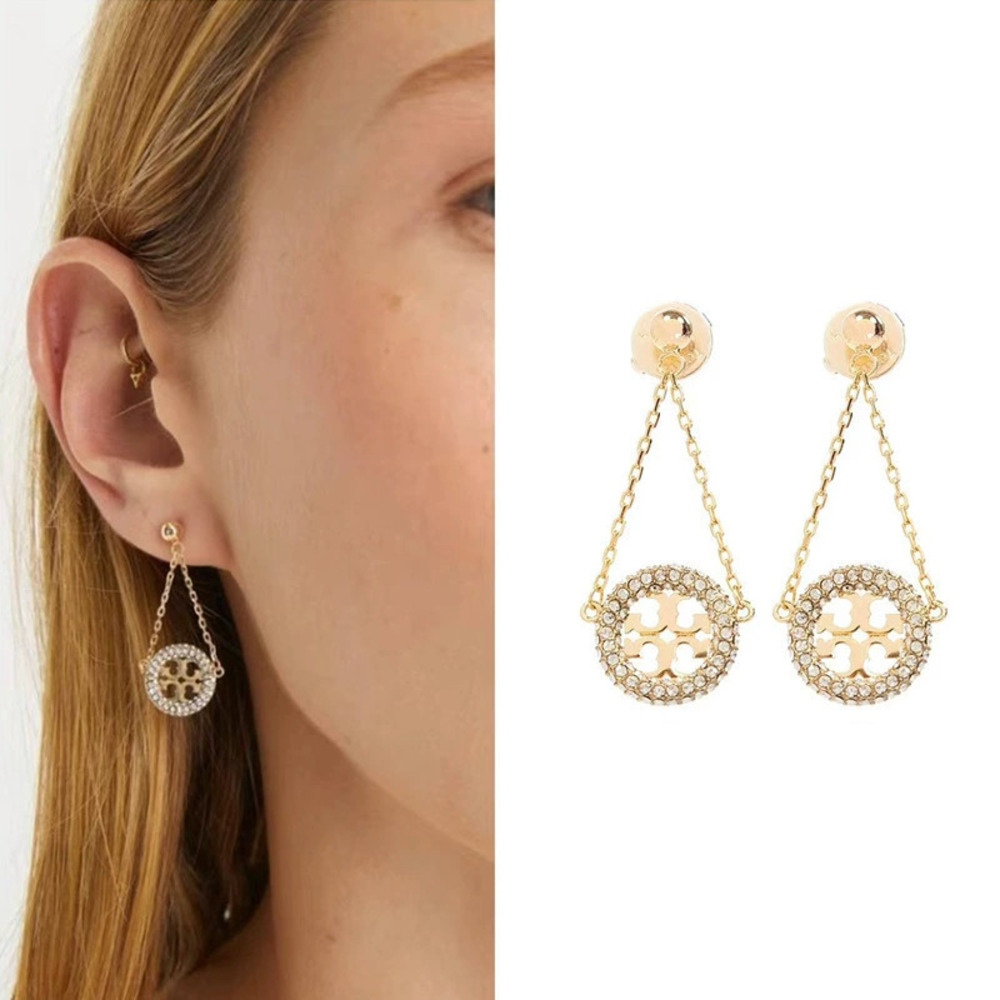 Tory Burch Gold Plated Double Micro Pave Dangle Hoop Earrings